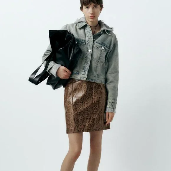 Zara Skirts Bnwt Zara Faux Leather Snakeskin Print Skirt Brown
